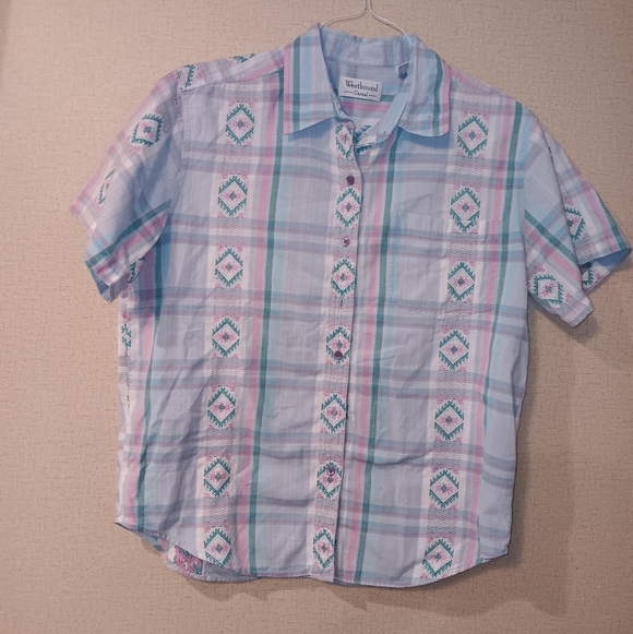 Westbound Tops - Vintage Westbound Women's Pastel Plaid Button Down Shirt Sz M